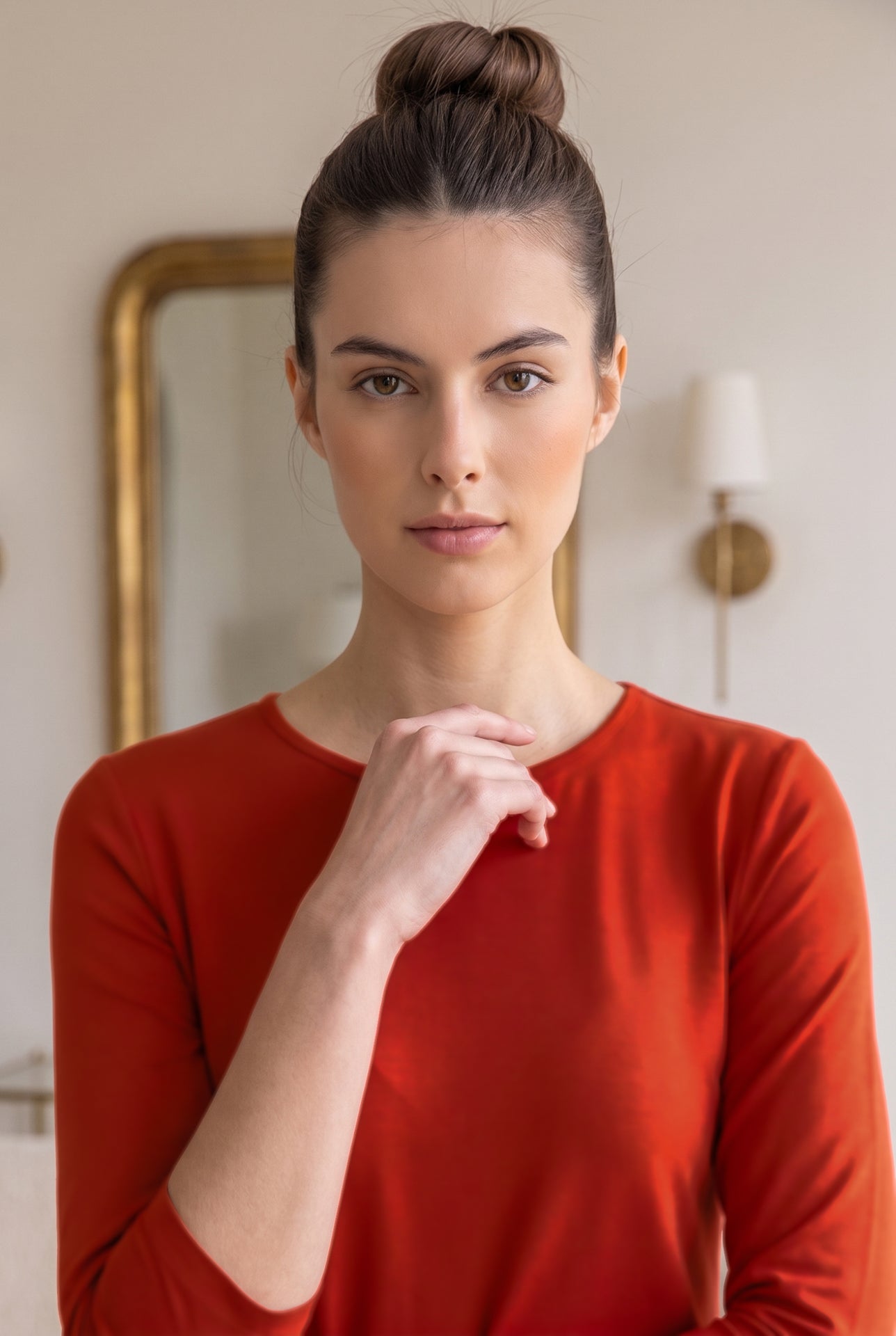Model wearing Nuggles®  Essential 3/4 Sleeve Tee in Burnt Orange