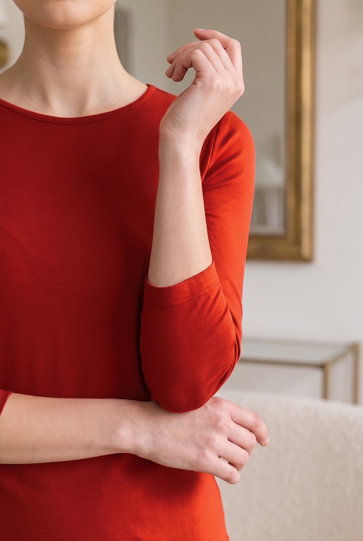 Model wearing Nuggles®  Essential 3/4 Sleeve Tee in Burnt Orange