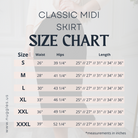 Classic Midi Skirt Size Chart showing waist, hip, and length measurements for sizes S to XXXL. Lengths available in 27", 31", and 34". Measurements listed in inches.