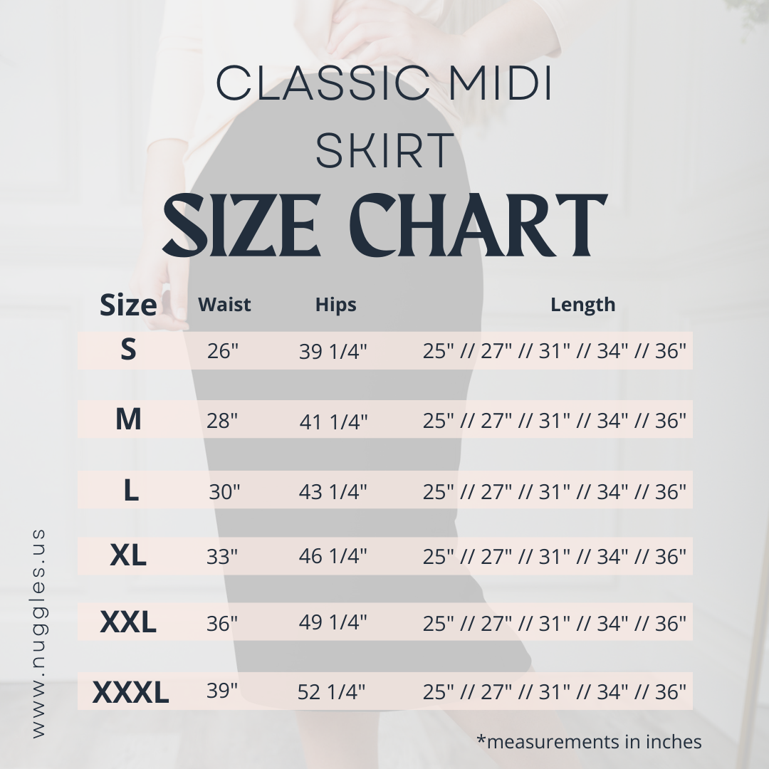 Classic Midi Skirt size chart with waist, hip, and length measurements in inches for sizes S to XXXL. Length options: 27, 31, and 34 inches.