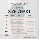 Size chart for Nuggles® Classic Lightweight Skirt showing waist and length measurements for 27-inch and 31-inch modest midi skirts.
