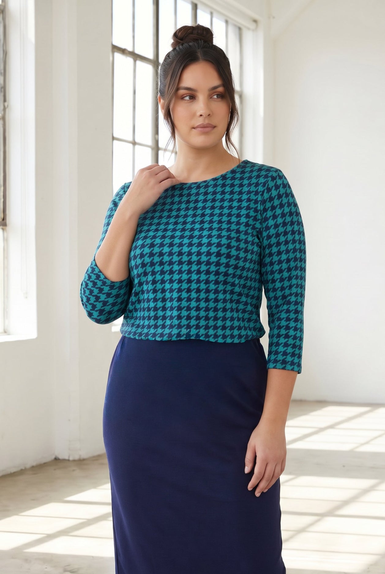 Model wearing Nuggles® 3/4 Essential Tee in Calm Check