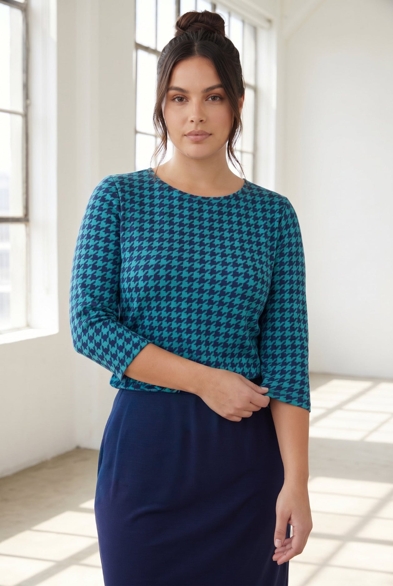 Model wearing Nuggles® 3/4 Essential Tee in Calm Check
