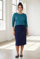 Model wearing Nuggles® 3/4 Essential Tee in Calm Check