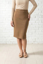 Model wearing Nuggles® 25" Relaxed Skirt in Camel