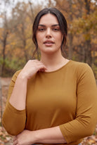 Model wearing Nuggles®  Essential 3/4 Sleeve Tee in Camel
