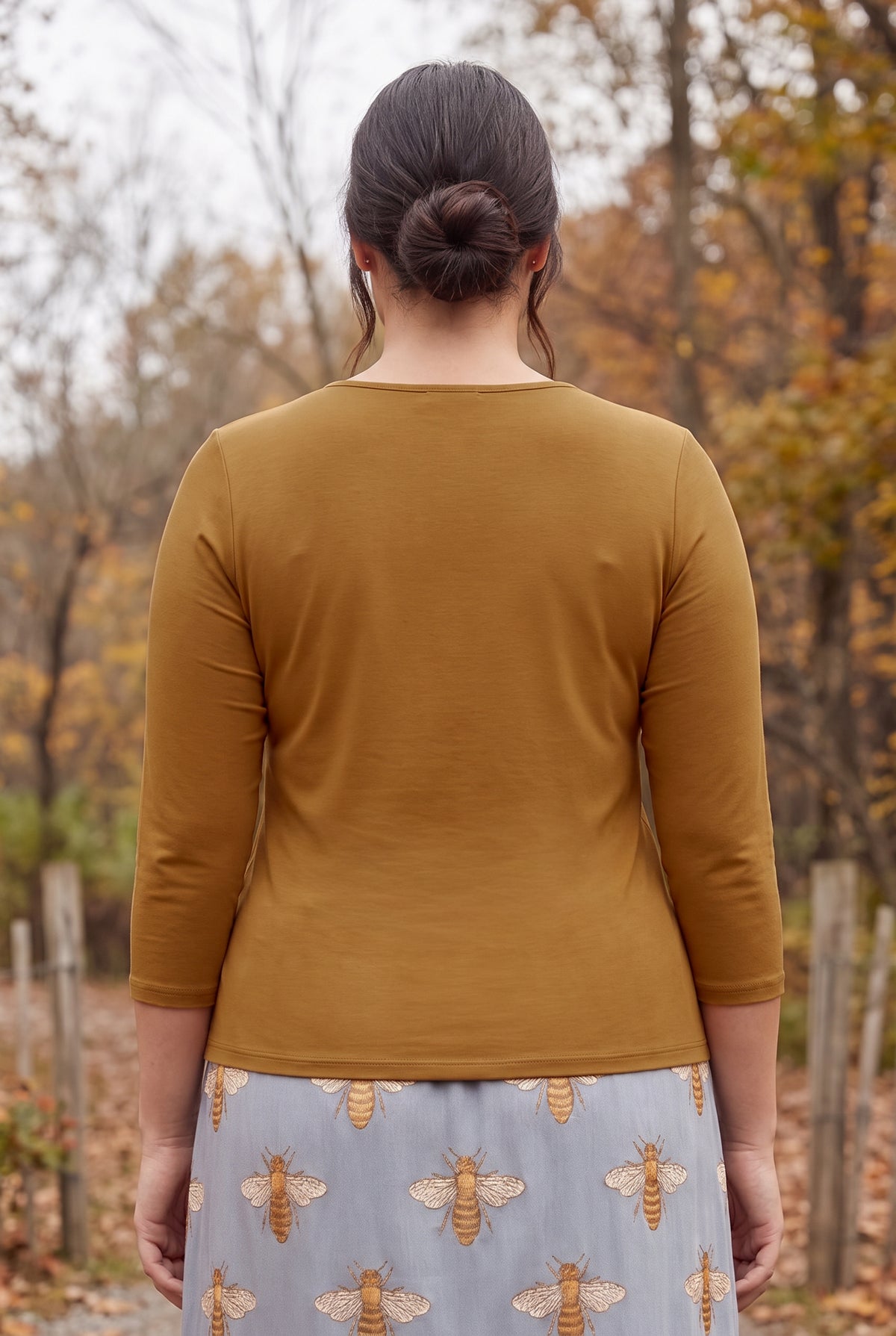 Model wearing Nuggles®  Essential 3/4 Sleeve Tee in Camel