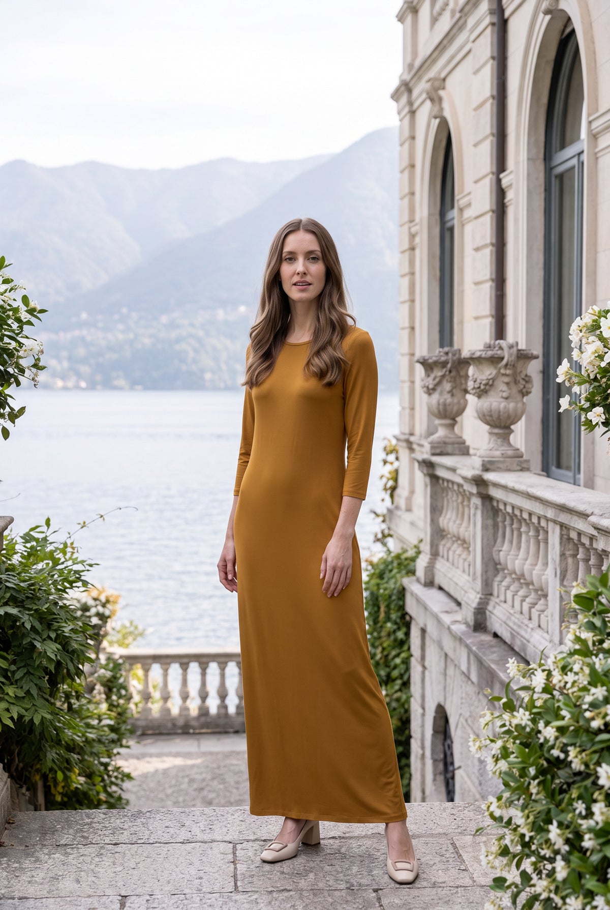 Model wearing Nuggles® Maxi Layering  Dress in Camel
