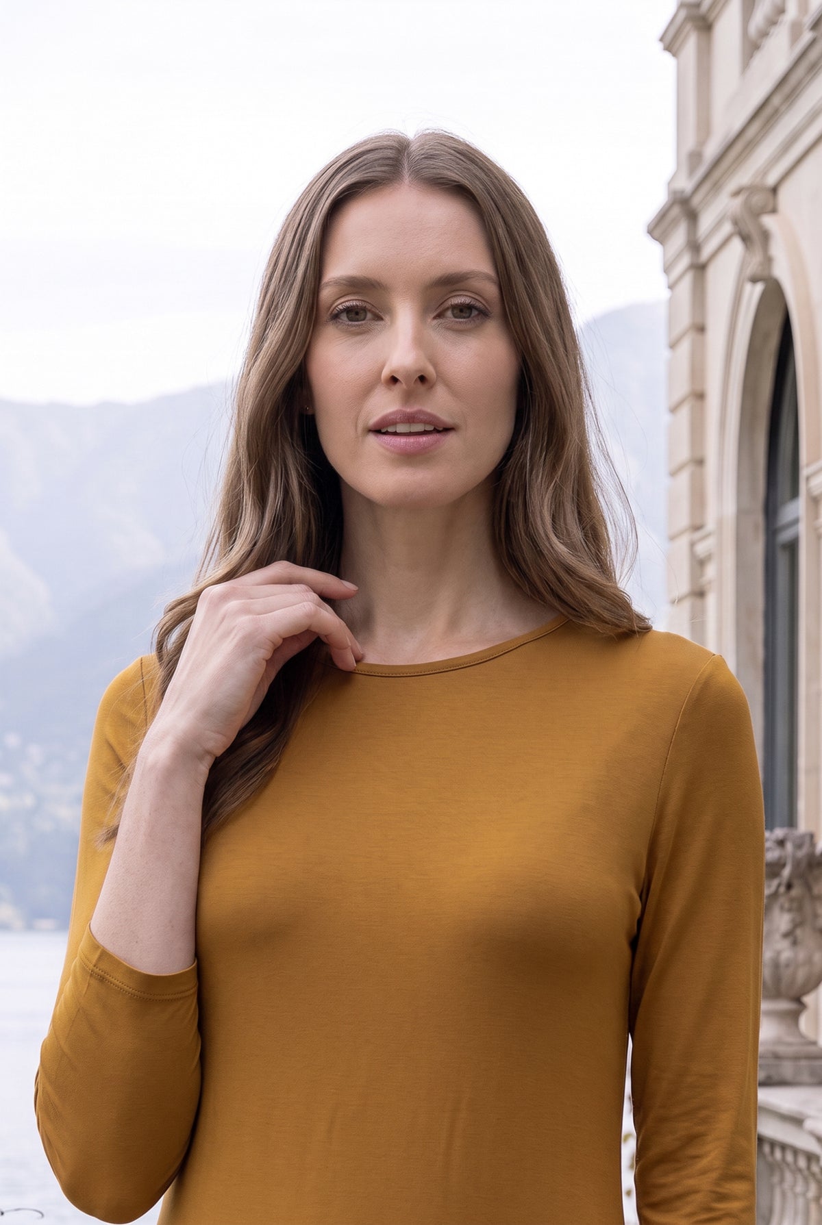 Model wearing Nuggles® Maxi Layering  Dress in Camel