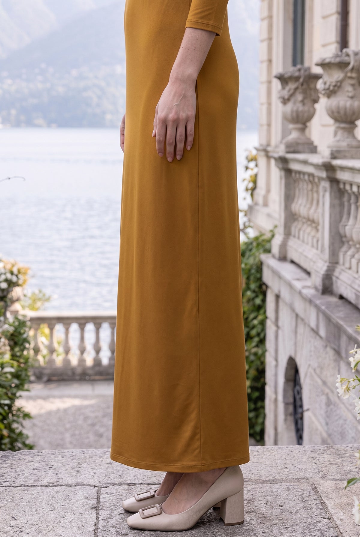 Model wearing Nuggles® Maxi Layering  Dress in Camel