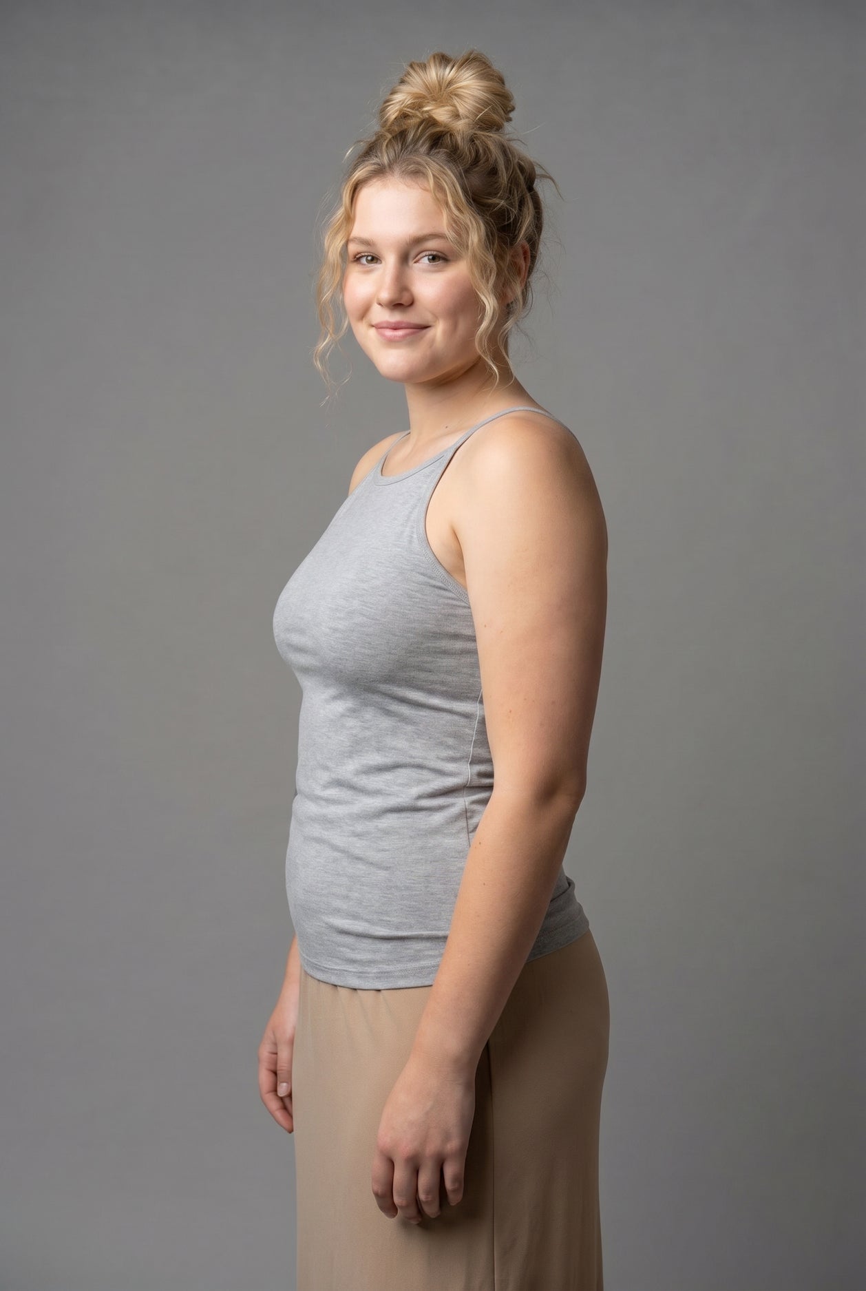 Model wearing Nuggles® Camisole in Heather Gray