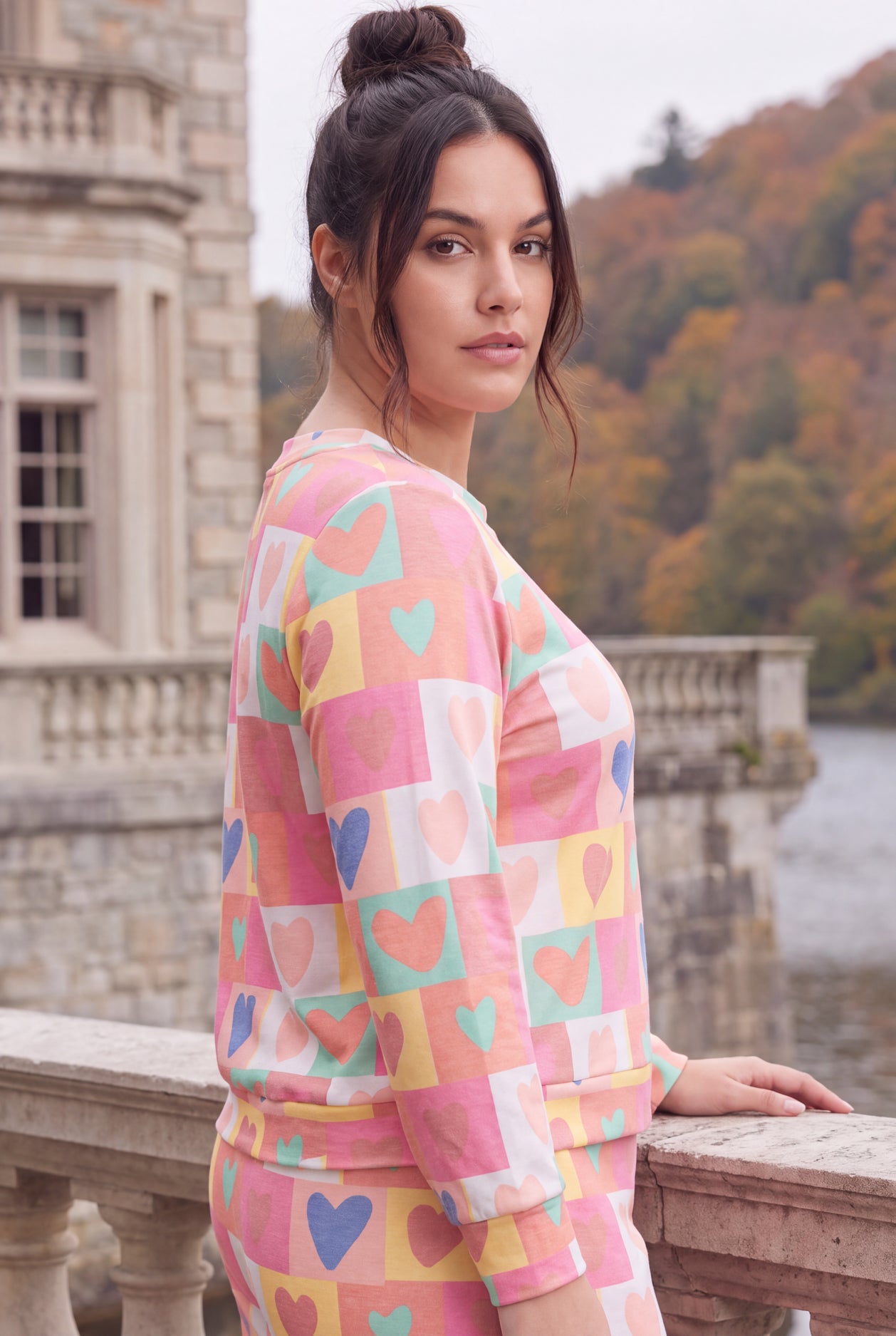 Model wearing Nuggles®  Iris Sweater Shirt in Candy Hearts