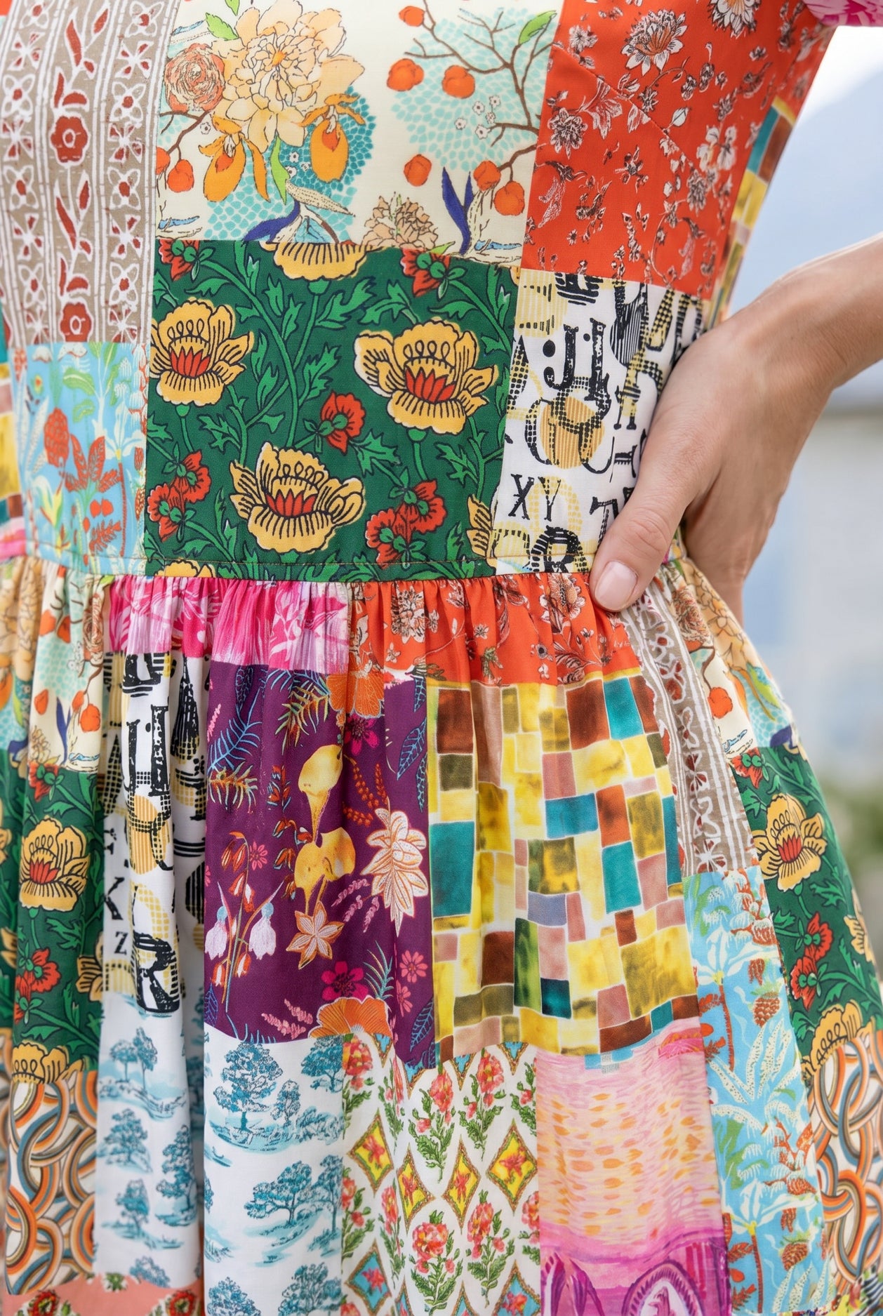 Carousel Nova Dress by Nuggles, modest 3/4-sleeve cotton midi in cheerful multicolor print
