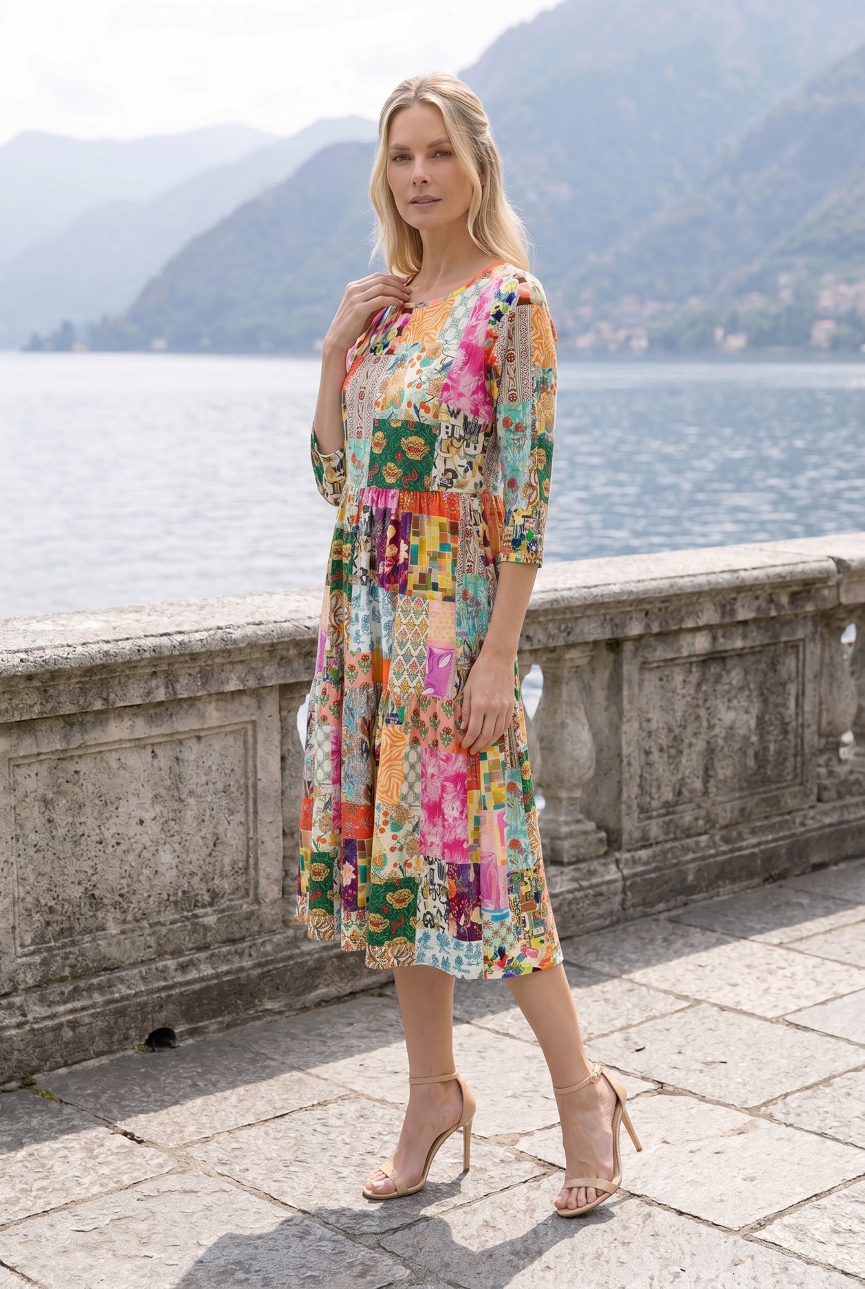Carousel Nova Midi by Nuggles, 3/4-sleeve modest cotton dress in bright multicolor carousel print