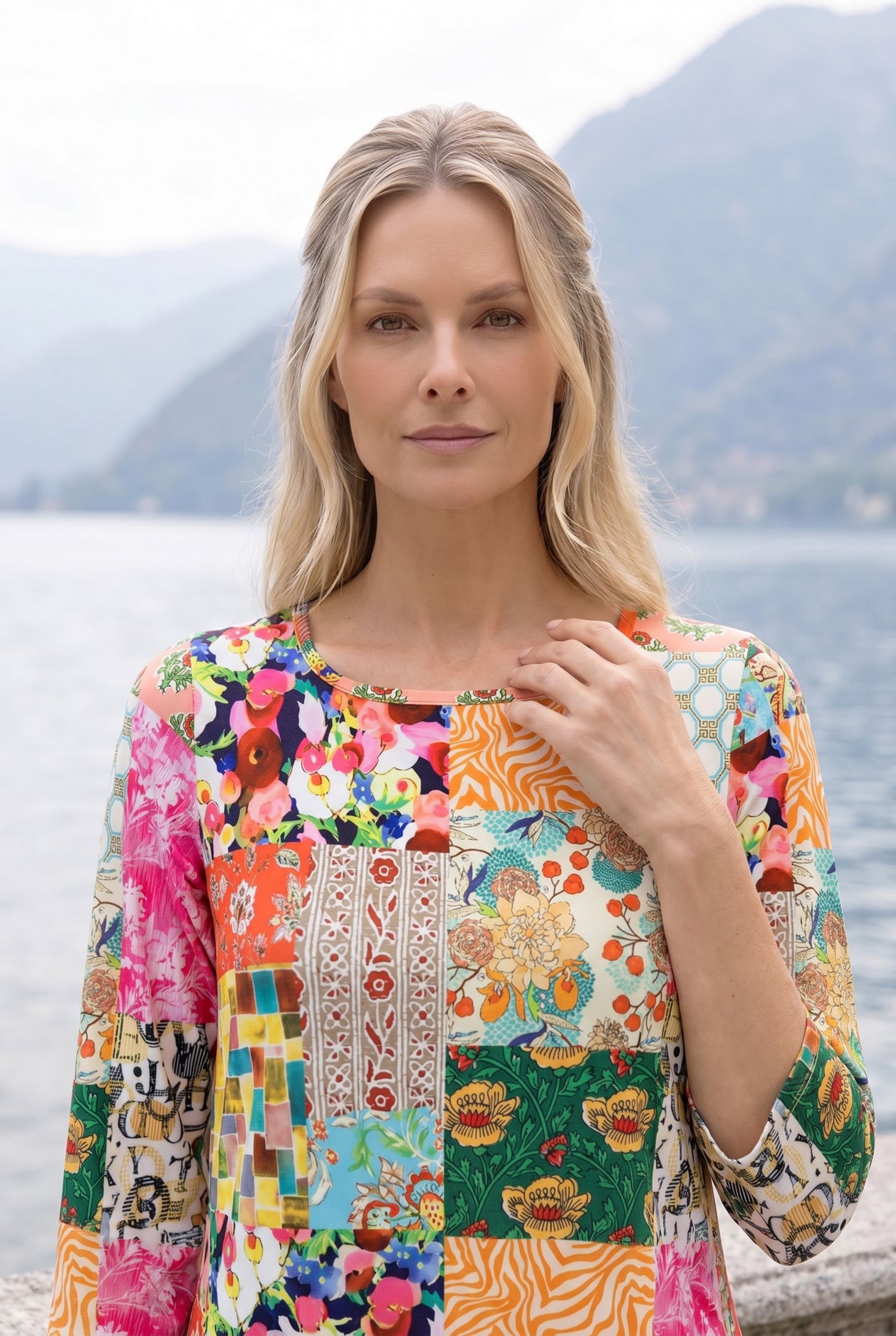 Nuggles Nova Dress in Carousel, soft cotton modest midi in colorful print for church and everyday