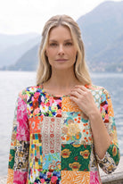 Nuggles Nova Dress in Carousel, soft cotton modest midi in colorful print for church and everyday