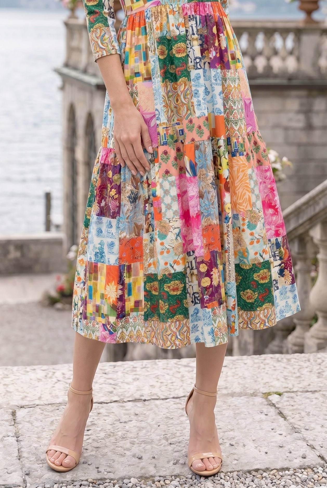 Nuggles Nova Midi Dress in Carousel, cheerful multicolor-print modest cotton dress for everyday wear