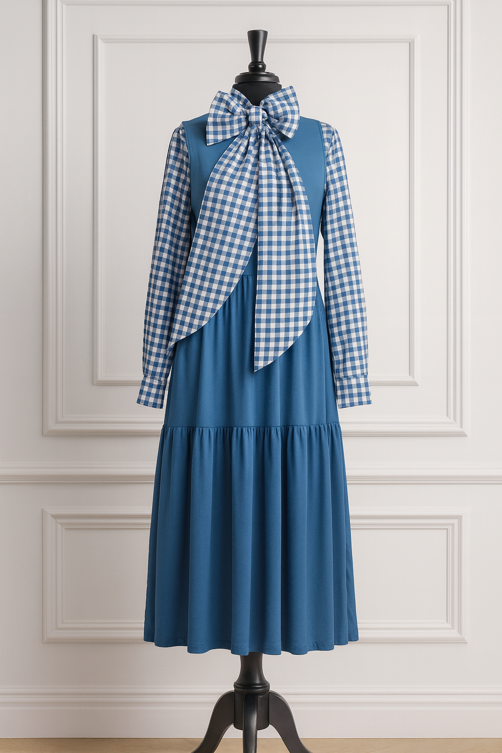 Model wearing Nuggles® Felicity top with large bow tie neckline, modest women's blouse.