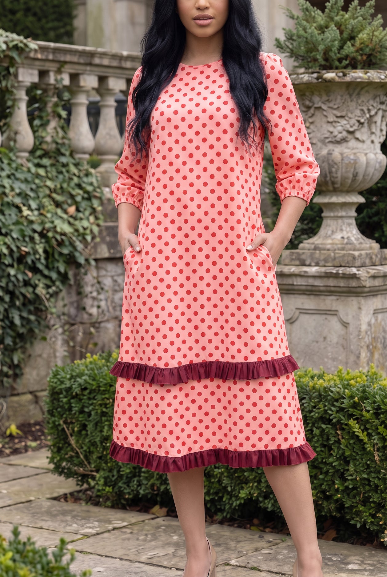 Nuggles® Patricia Dress in Cherry Dot, both hands in the side pockets above the burgundy ruffle trim