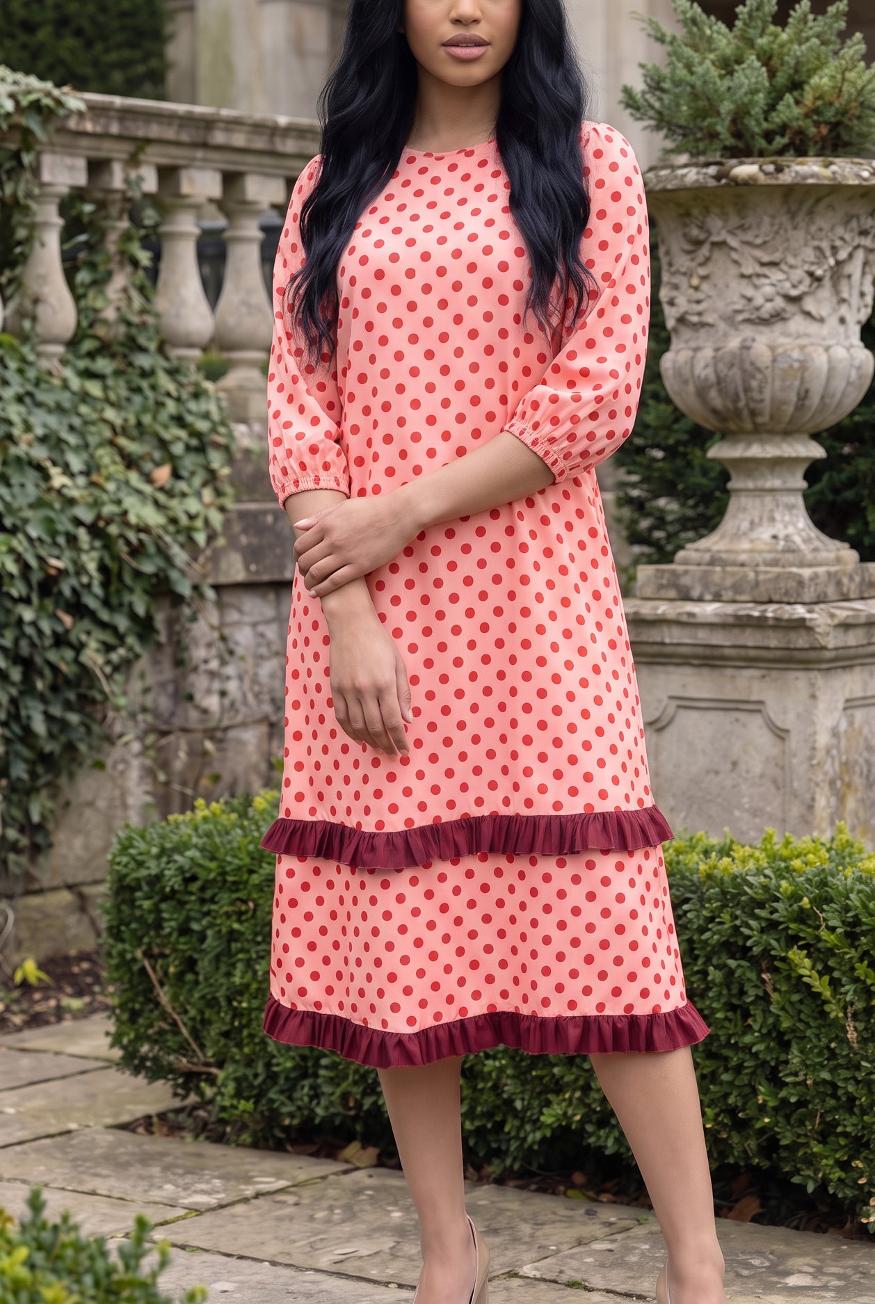 Nuggles® Patricia Dress in Cherry Dot, front view from shoulders to hem showing both ruffle tiers