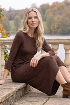 Model wearing Nuggles® Midi Layering  Dress in Chocolate Brown
