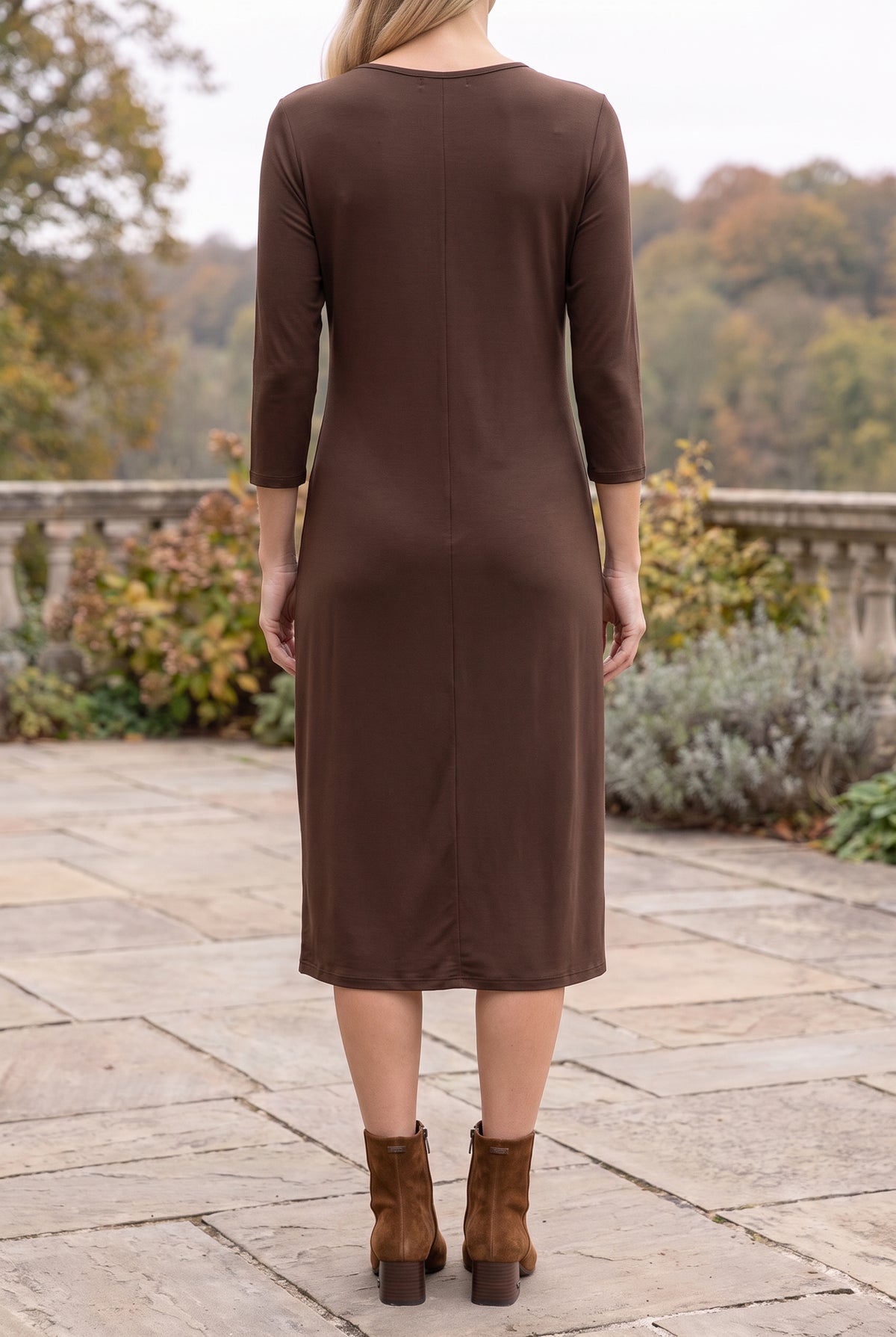 Model wearing Nuggles® Midi Layering  Dress in Chocolate Brown