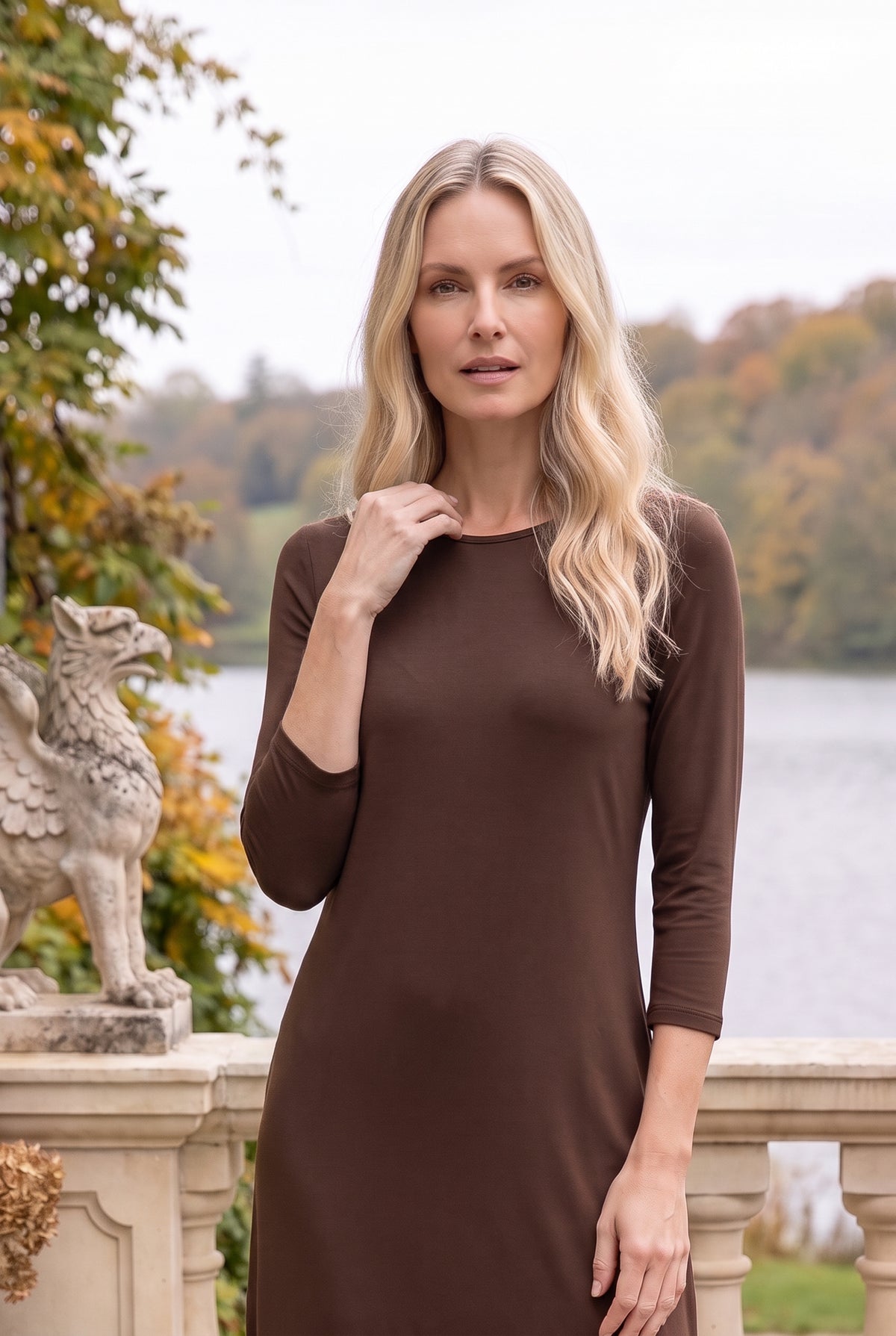 Model wearing Nuggles® Midi Layering  Dress in Chocolate Brown