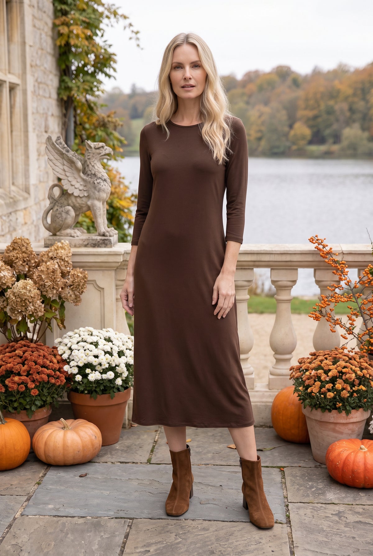 Model wearing Nuggles® Midi Layering  Dress in Chocolate Brown