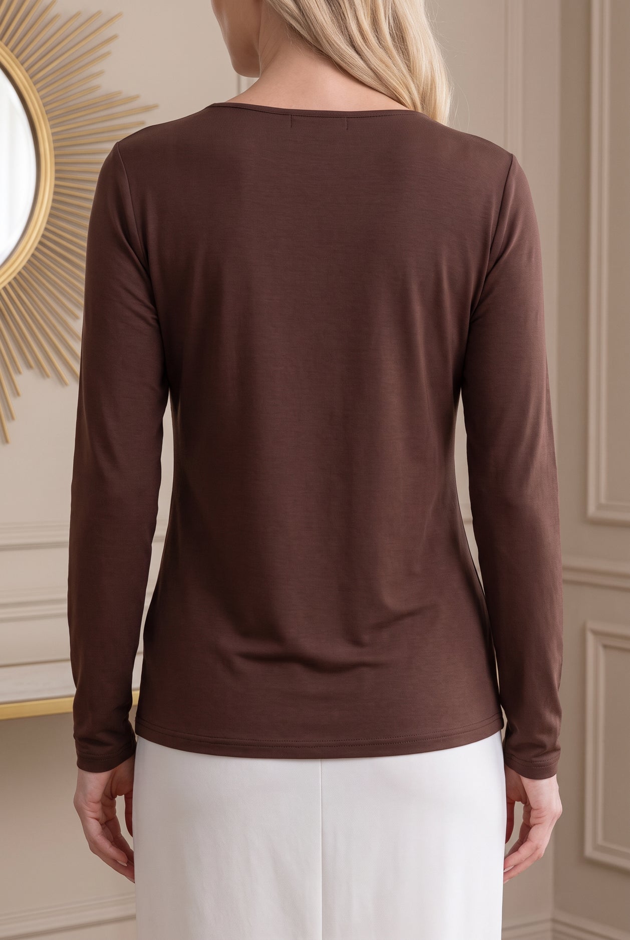 Model wearing Nuggles®  Long Sleeve Essential Tee in Chocolate Brown