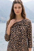 Nuggles Eleanor Top in Classic Leopard, warm tan leopard-print modest top with signature bow neckline