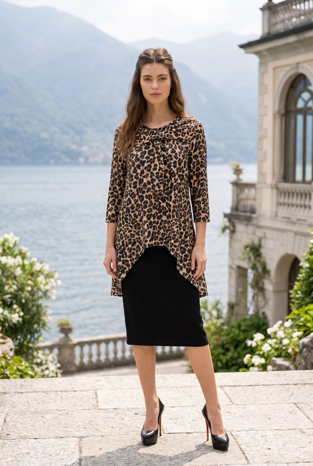 Classic Leopard Eleanor Top by Nuggles, modest 3/4-sleeve top in neutral tan leopard print, textured fabric