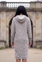 Nuggles® Hoodie Dress in Classic Leopard, full-length back view, hood down over its cream lining
