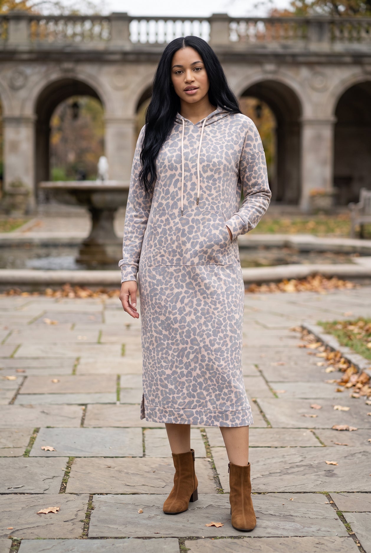 Nuggles® Hoodie Dress in Classic Leopard, full length with the hood down, tan and black leopard on camel