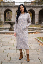 Nuggles® Hoodie Dress in Classic Leopard, full length with the hood down, tan and black leopard on camel