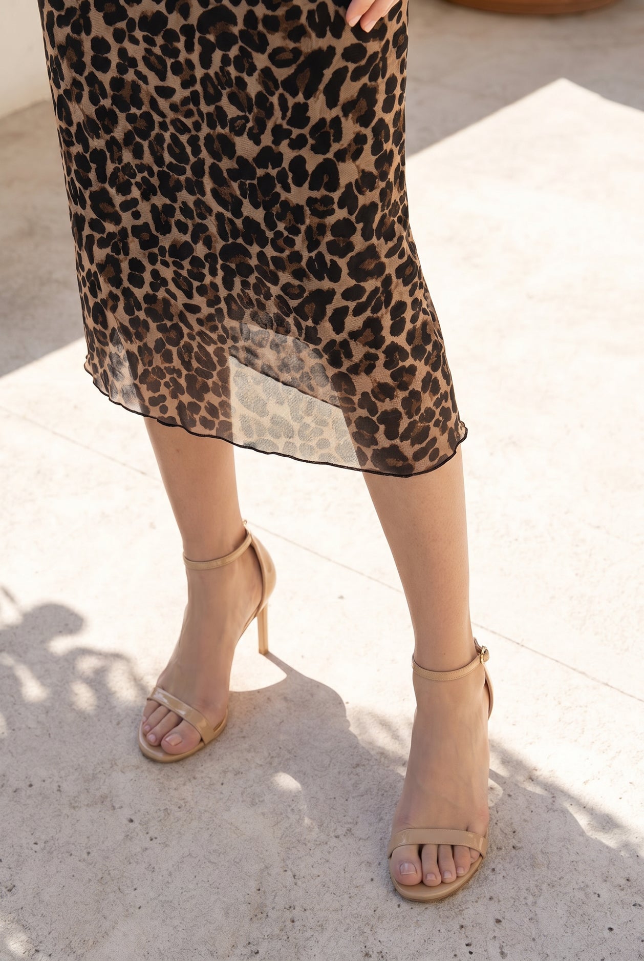 Nuggles Classic Leopard Mesh Dress, long-sleeve sheer mesh midi in neutral leopard print, plus-size