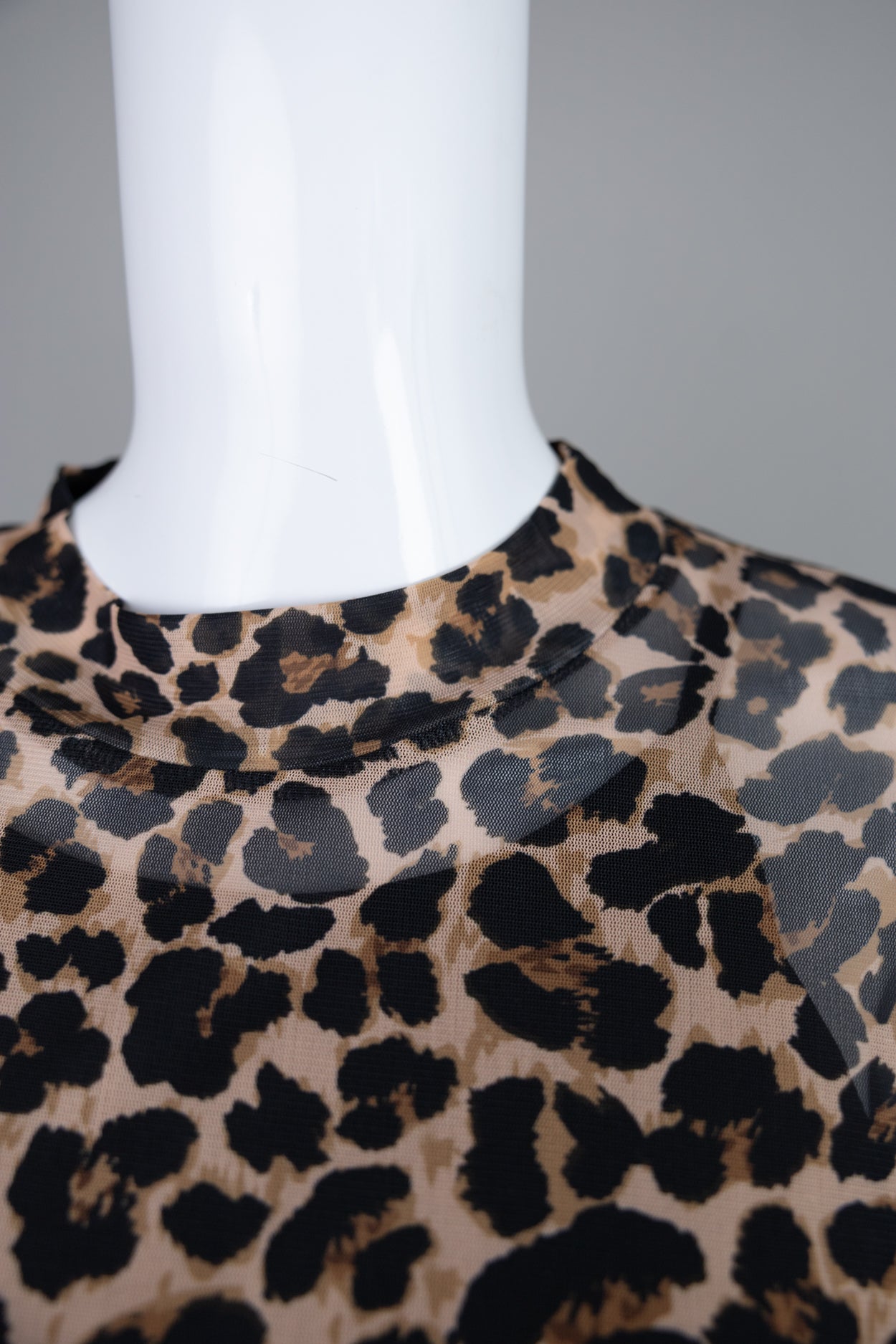 Classic Leopard Mesh Midi by Nuggles, long-sleeve sheer mesh modest dress in bold leopard print