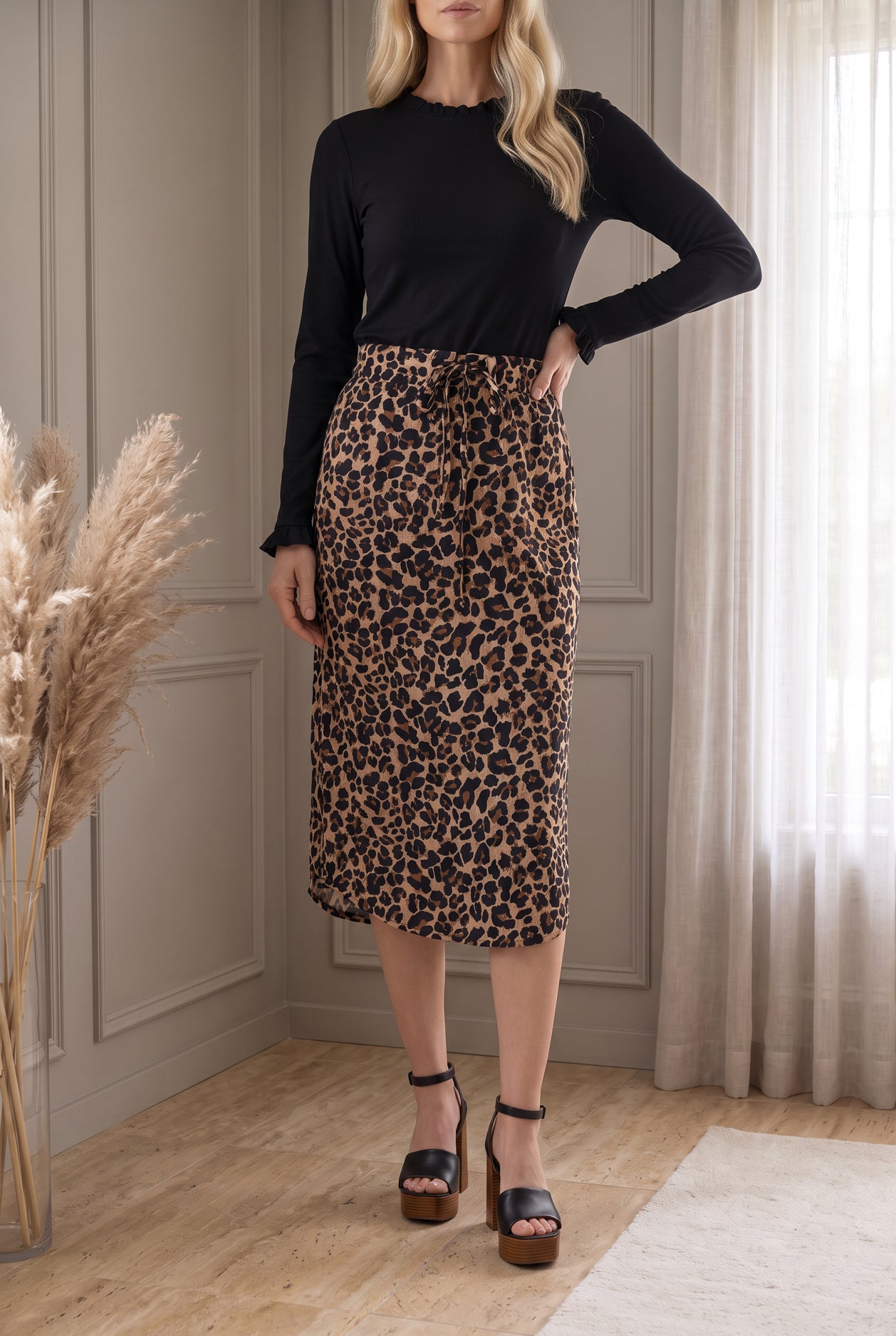 Model wearing Nuggles®  31" Drawstring Skirt in Classic Leopard