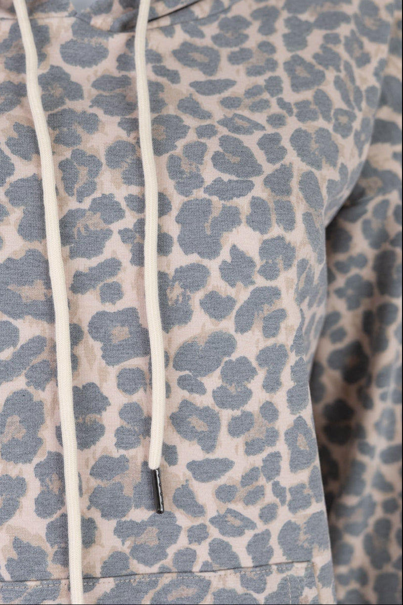 Nuggles® Hoodie Dress in Classic Leopard, full length with the hood down, tan and black leopard on camel