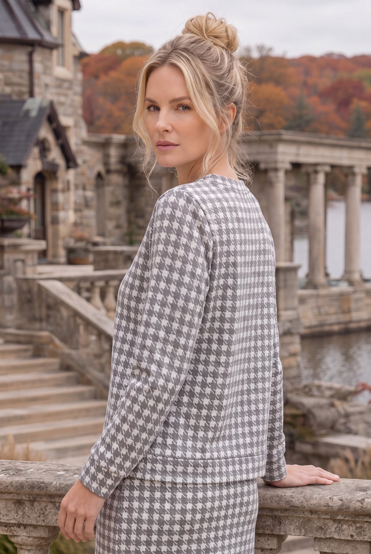 Model wearing Nuggles®  Iris Sweater Shirt in Cookie Check