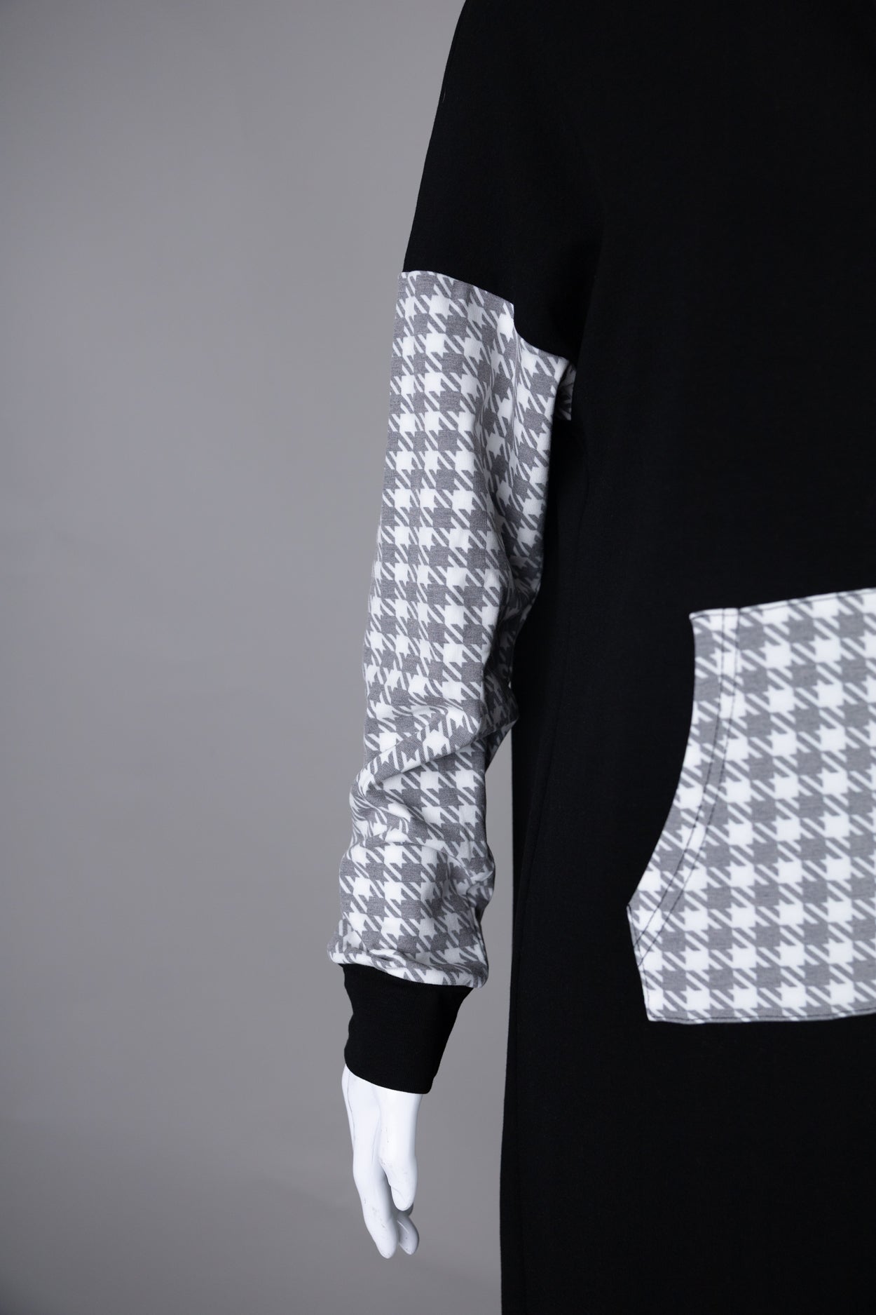 Model wearing Nuggles®  Hoodie Dress in Cookie Check
