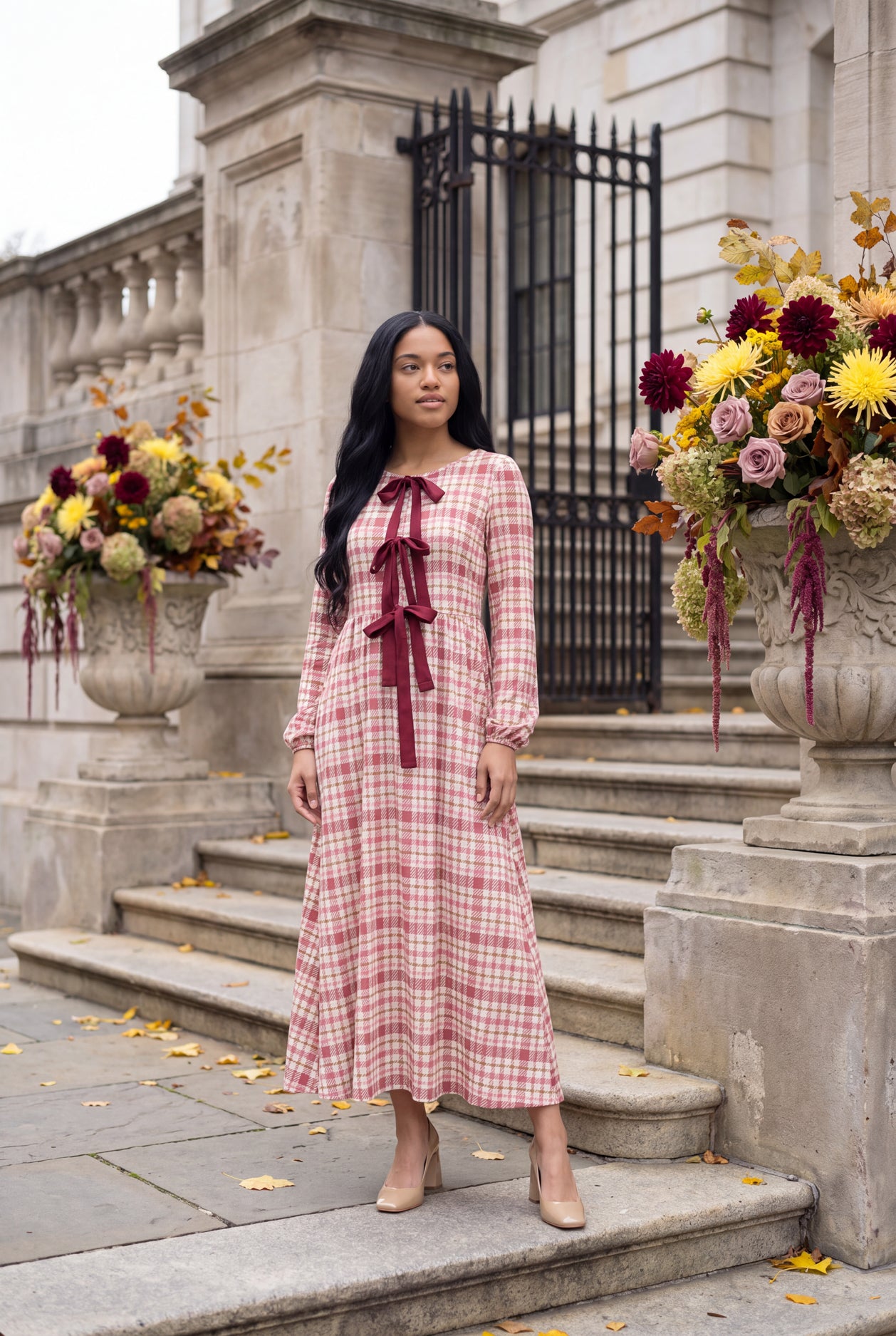 Model wearing Nuggles®  Addison Dress in Cranberry Paid