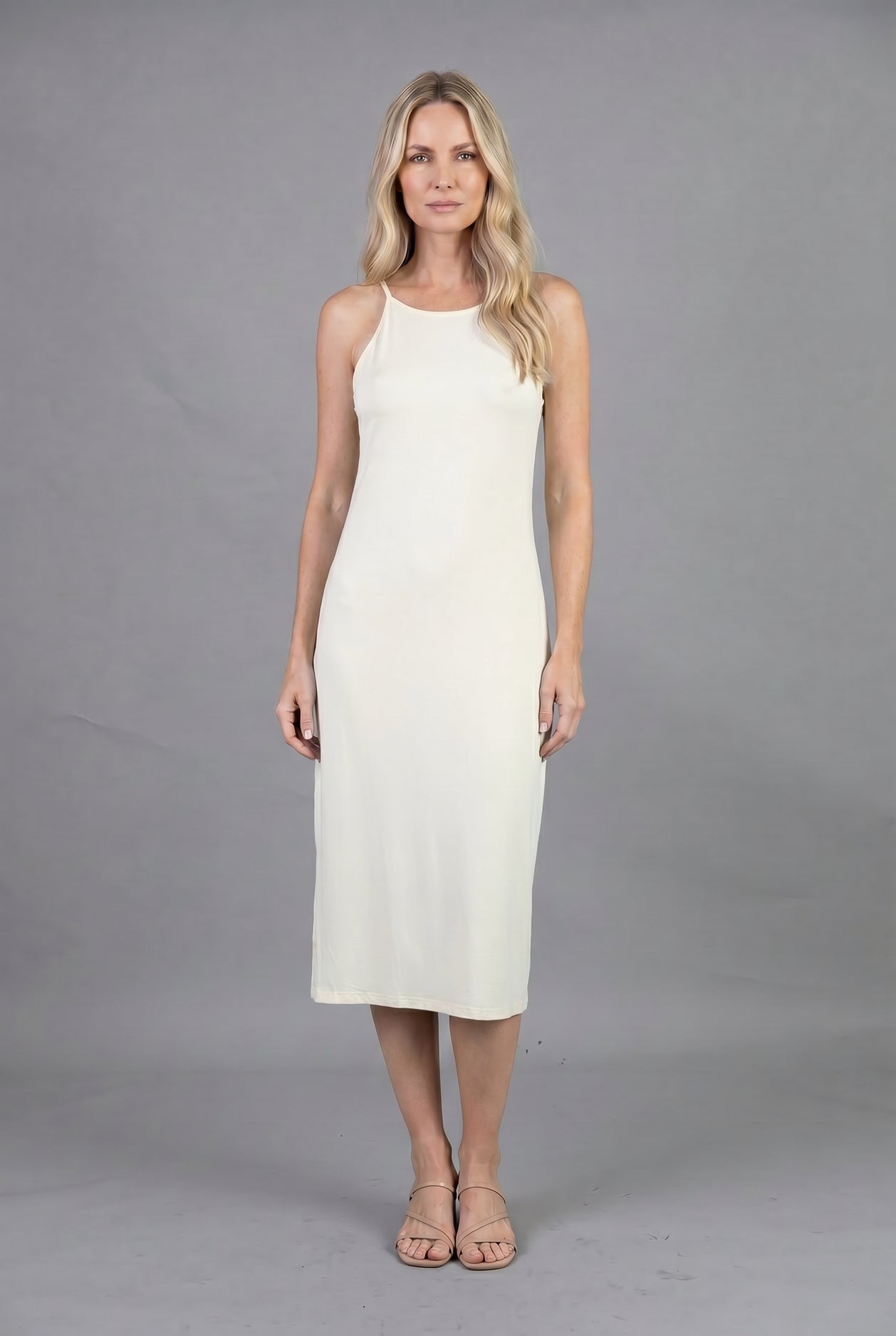 Nuggles Layering Camisole Dress in Cream, sleeveless midi slip dress for modest layering coverage
