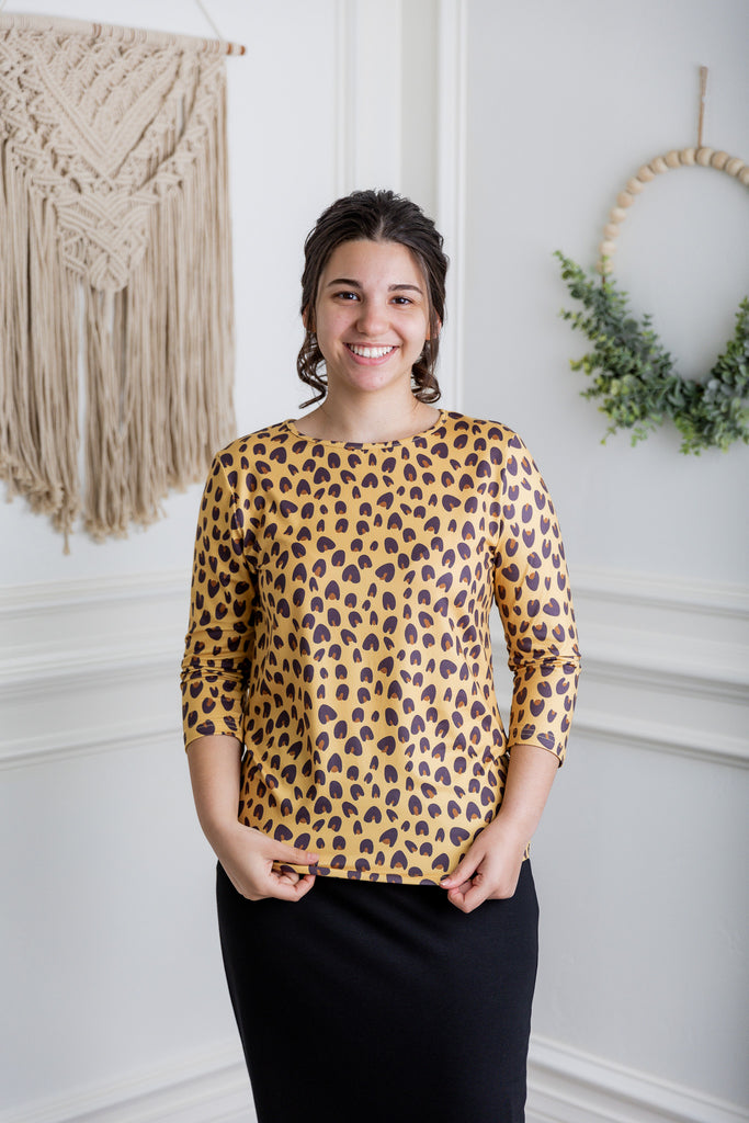 modest layering tee with 3/4 length sleeves prints