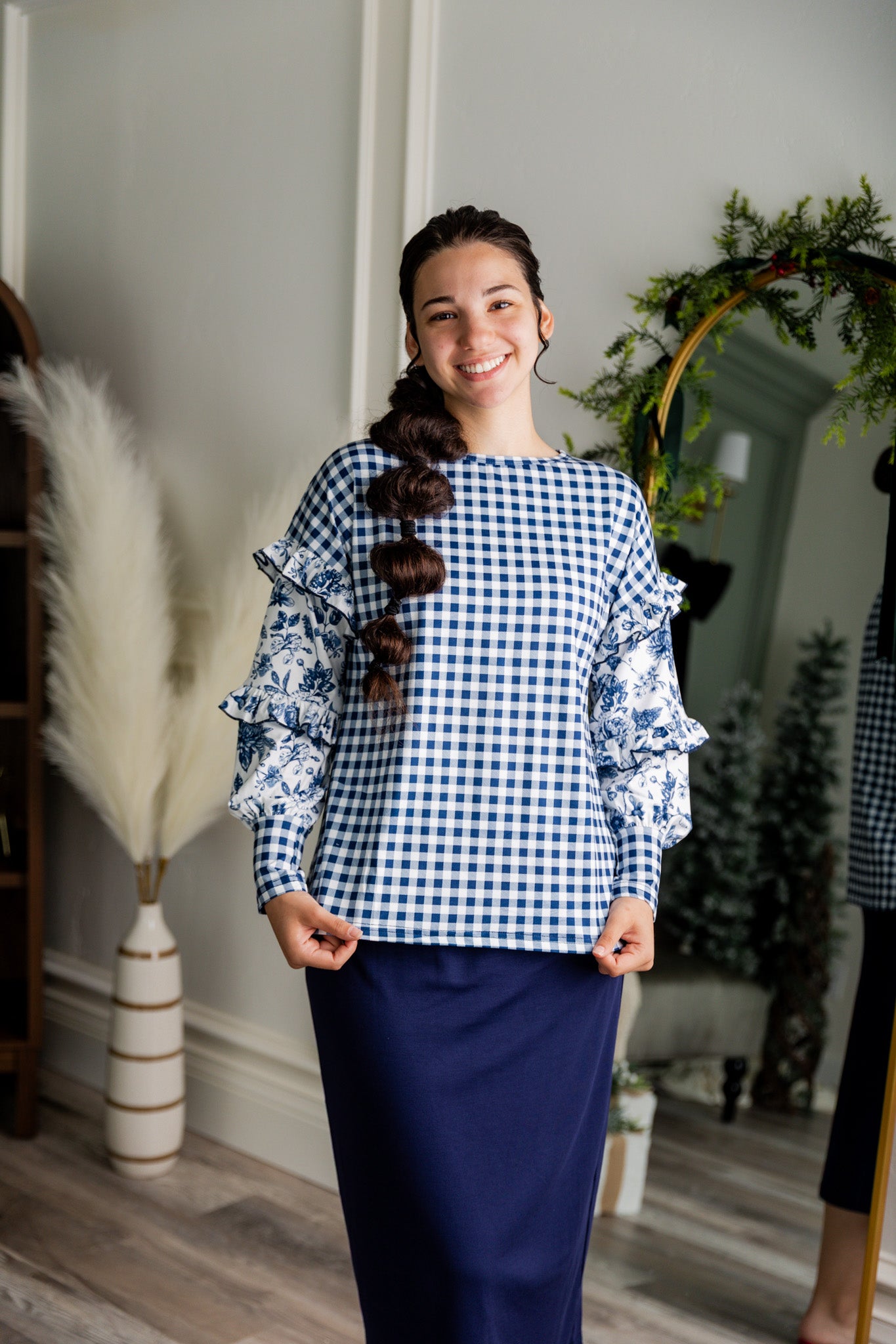 Nuggles® Rilynn Top – modest women’s printed top with ruffled sleeves and relaxed fit.