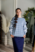 Nuggles® Rilynn Top – modest women’s printed top with ruffled sleeves and relaxed fit.