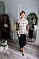 Nuggles® Rilynn Top – modest women’s printed top with ruffled sleeves and relaxed fit.