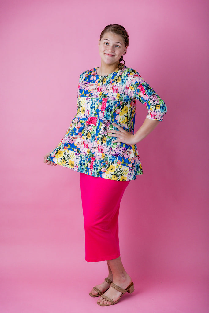 arrie high low modest top print long