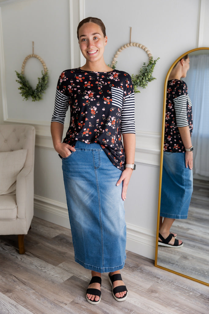 modest denim jean skirt in 34" length