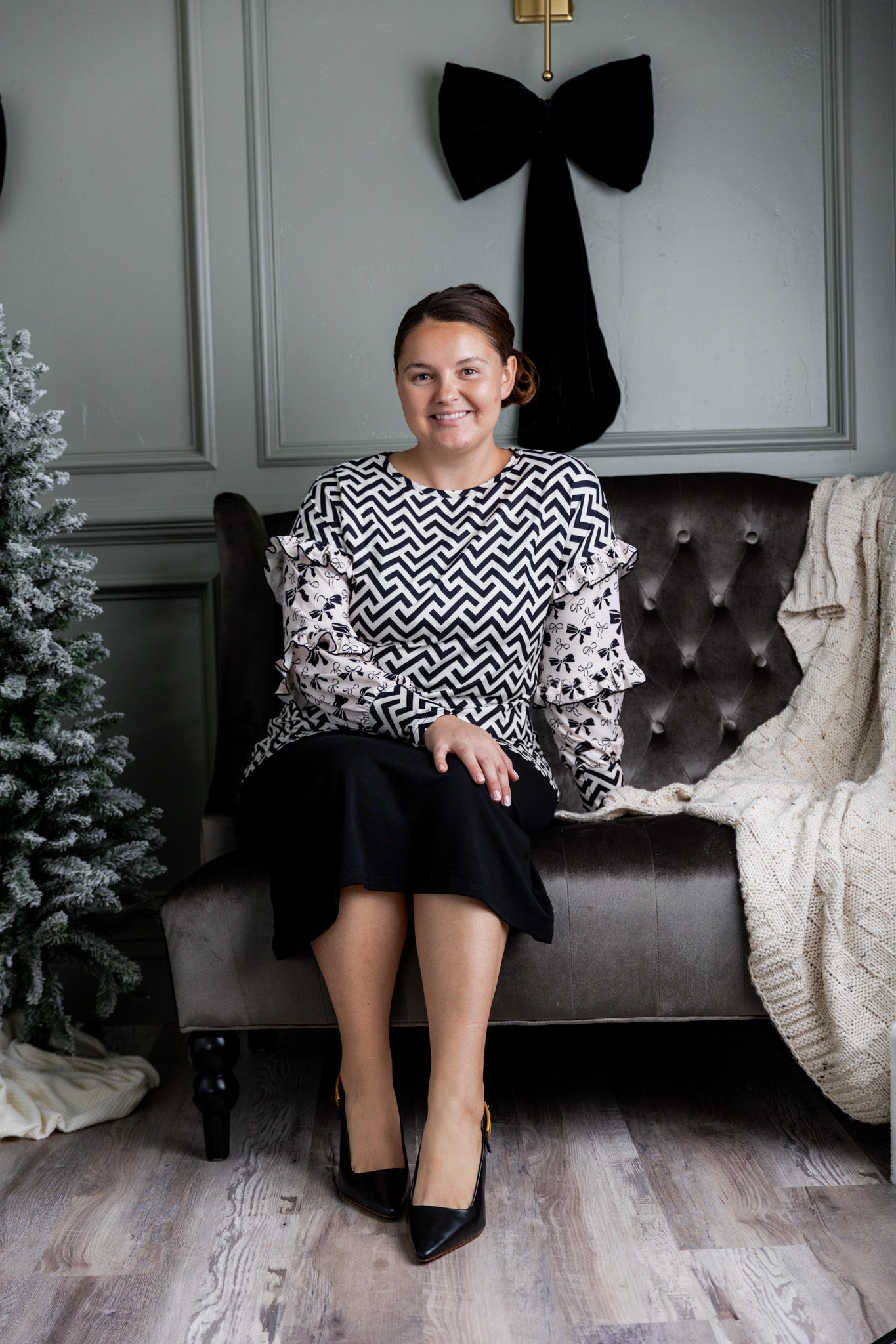 Nuggles® Rilynn Top – modest women’s printed top with ruffled sleeves and relaxed fit.