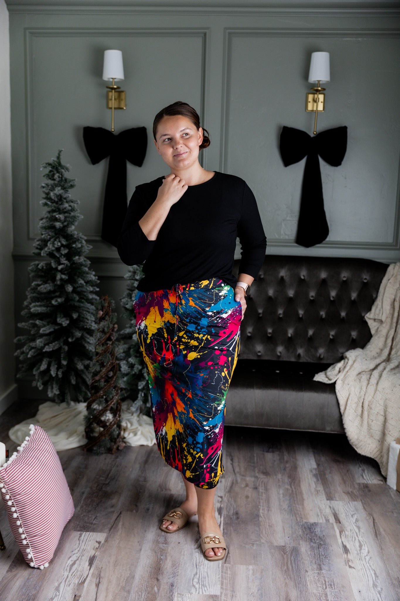 Model wearing the Nuggles® 31 inch Sport Flex Skirt with adjustable waistband and pockets.